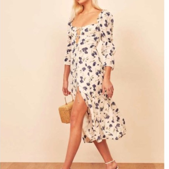 Bohemian Off White Blue Floral lace up Midi Dress Gypsy - Picture 11 of 11